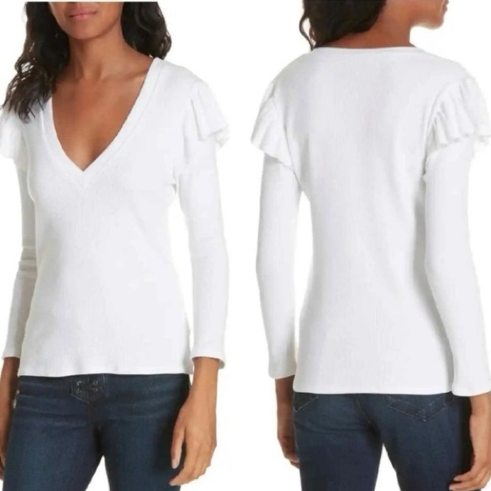 Veronica Beard Selene White Ribbed Knit Ruffled V-Neck 3/4 Sleeve Top XS S - Picture 7 of 7